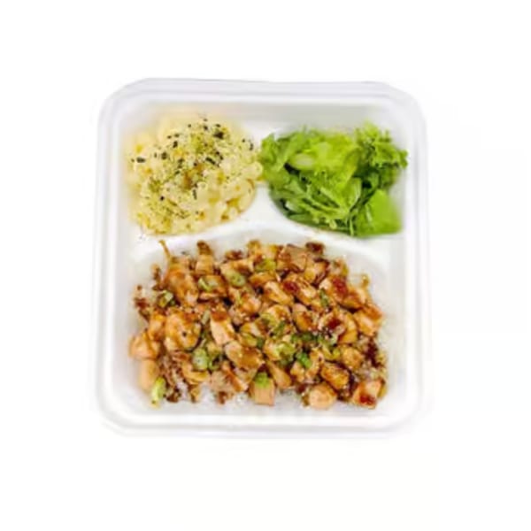 Big Island Poke's Hawaiian plate lunch with teriyaki chicken, macaroni salad, and green salad.