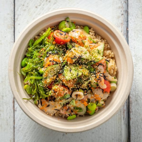 Big Island Poke bowl with rice, salmon, seaweed, edamame, tomatoes, and sesame seeds.