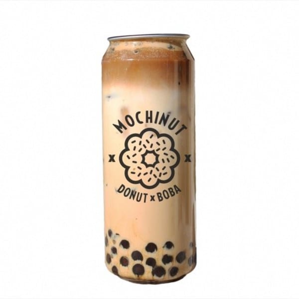 A MochiNut donut and boba drink in a clear can with a black logo, against a white background.