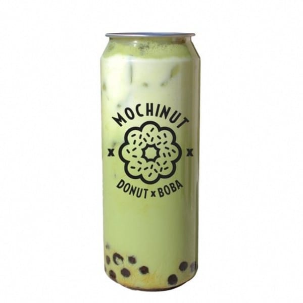 A can of MochiNut Donut x Boba matcha drink with tapioca pearls, isolated on white.