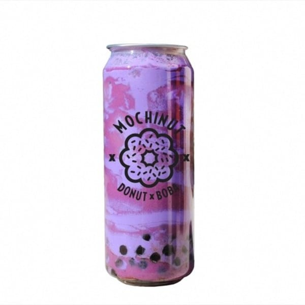 A MochiNut donut and boba drink in a can, with purple and pink swirls and boba pearls.