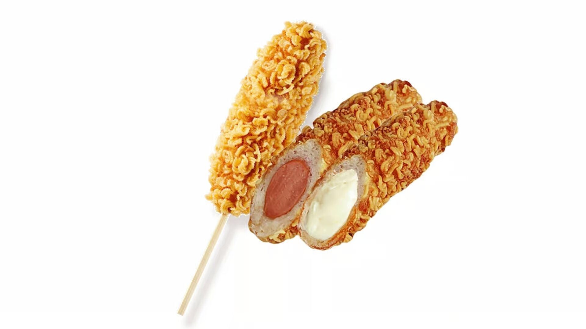 Crispy Ramen Half & Half Hot Dog.